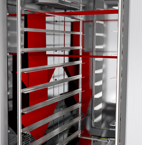 Bakery rack oven with rotating rack and optimal air flow for baking on trays
