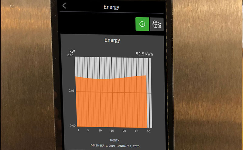 Follow your energy consumption with energy and cost graph in Sveba Dahlen SD Touch 2 panel for deck and rack ovens