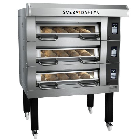 Bakery deck oven with three decks bakes multiple product at the same time