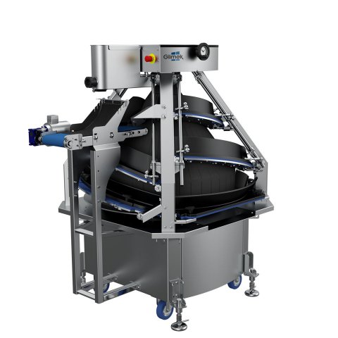Conical dough rounder with outfeed conveyor for bakeries shapes dough into regular shaped balls CR600 Glimek
