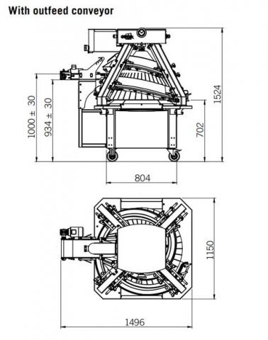 Conical rounder outfeed conveyor flexible dough rounding measurements glimek