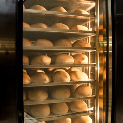 Bakery rack oven with large window with heat reflecting glass that shows the rotating rack inside
